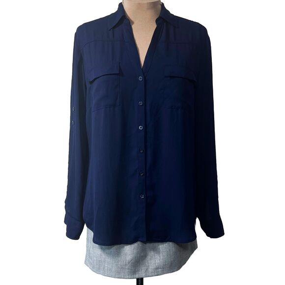 New York and Co. Navy Roll Tab Sleeve Blouse Size XL - Picture 7 of 14